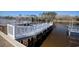 View of a private boat dock on a calm waterway featuring a wooden walkway and white railings at 622 Lorenzo Dr. # 622, North Myrtle Beach, SC 29582