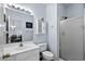 Bathroom with a single sink vanity and a walk in shower with glass doors at 901 West Port Dr. # 1611, North Myrtle Beach, SC 29582