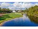 Scenic golf course view with a water hazard, a sand trap, and a charming clubhouse in the background at 915 Preservation Circle, Pawleys Island, SC 29585