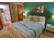 Comfortable bedroom showcases unique seaside themed comforter, decorative pillows, and access to en-suite bathroom at 5905 S Kings Highway # 432-A, Myrtle Beach, SC 29575