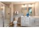 Bathroom featuring double sink vanity, glass shower, and tile flooring at 300 Golan Circle # A, Myrtle Beach, SC 29579