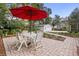Outdoor patio with a red umbrella, white table, and chairs surrounded by lush greenery and a charming backyard at 404 66Th Ave. N, Myrtle Beach, SC 29572