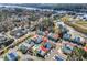 Aerial view of a coastal community featuring colorful homes, a community pool, and nearby waterway at 4350 Grande Harbour Blvd., Little River, SC 29566