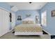 Inviting blue bedroom with palm tree themed bedding and bright natural light at 4350 Grande Harbour Blvd., Little River, SC 29566