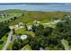 Aerial view featuring waterfront houses, green spaces, a pool, and a glimpse of the bay at 224 Oak Bay Dr., Georgetown, SC 29440