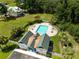 An aerial view showcasing a community pool and surrounding houses amongst lush green trees at 224 Oak Bay Dr., Georgetown, SC 29440