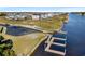 Aerial view of community boat docks with ramp, grassy area, and water access at 1127 East Isle Of Palms Ave., Myrtle Beach, SC 29579
