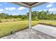 A covered back patio provides a serene view of the lush backyard and surrounding trees at 144 Sago Palm Dr., Myrtle Beach, SC 29579