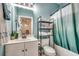 Charming bathroom with turquoise walls, complete with essential fixtures and ample storage at 5825 Catalina Dr. # 1133, North Myrtle Beach, SC 29582