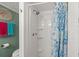Close-up of the pristine shower area with sea-themed curtain in bathroom at 6001 - 5010 S Kings Hwy., Myrtle Beach, SC 29575