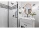 Bright bathroom with white vanity, glass shower, and modern fixtures at 837 Flicker Pl., Murrells Inlet, SC 29576