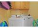Functional laundry area with a washer, dryer, and overhead cabinets for storage and organization at 9580 Shore Dr. # 311, Myrtle Beach, SC 29572