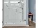 Contemporary shower featuring glass enclosure, dual shower heads, and modern tile accents at 329 Lake Mist Ct., Longs, SC 29568