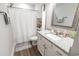 Bathroom featuring a vanity with granite countertop, a shower with curtain, and neutral wall color at 3016 Wise Rd., Conway, SC 29526