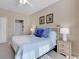 Cozy bedroom with blue accents, comfortable carpet, and stylish decor and lighting at 4865 Magnolia Pointe Ln. # 204, Myrtle Beach, SC 29577