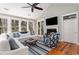 Bright and airy living room featuring a vaulted ceiling, fireplace, and large windows overlooking the yard at 53 Hope Ln., Pawleys Island, SC 29585