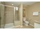 Modern bathroom with walk-in shower, toilet, and granite vanity with a towel rack at 9994 Beach Club Dr. # 1904, Myrtle Beach, SC 29572