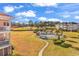 Scenic view featuring a well-maintained community pool, nearby multi-story condo buildings, and a lush golf course backdrop at 4827 Orchid Way # 301, Myrtle Beach, SC 29577