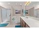 Bright bathroom with tiled floor, shower, soaking tub, and a large vanity at 542 Sand Ridge Rd., Conway, SC 29526