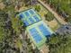 Aerial view of community pickleball courts shaded by mature trees at 2 Sunrise Ct., Carolina Shores, NC 28467