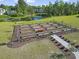 Aerial view of community garden with multiple plots and a charming brick pathway at 216 Kinross Ct., Little River, SC 29566