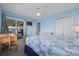 Bright bedroom featuring blue walls, ceiling fan, desk, and sliding doors to the outdoor patio at 412 Seaside Dr. S, Surfside Beach, SC 29575
