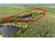 Aerial view of the expansive wooded acreage with a lake, showcasing privacy and natural beauty at 1030 Waccamaw Lake Dr., Conway, SC 29526
