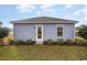 Rear exterior showcasing blue siding, a simple yard, and a door for convenient outdoor access at 204 Jeff Waters Circle, Longs, SC 29568