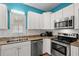 Modern kitchen with white cabinetry, stainless steel appliances, and double sink at 6001 - 1125 S Kings Hwy., Myrtle Beach, SC 29575