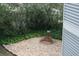 Rear view showing a fire pit sitting in gravel amid verdant landscaping at 3904 Birchwood St., North Myrtle Beach, SC 29582