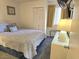 Cozy bedroom with patterned quilt on bed, bureau with table lamp, and built-in closet at 2507 S Ocean Blvd., North Myrtle Beach, SC 29582