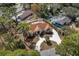 Aerial view showcasing the home with a circular driveway and pool surrounded by lush landscaping and neighborhood at 5628 Marion Circle, Myrtle Beach, SC 29577