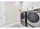 Bright laundry room with front loading washer and dryer and white storage cabinets at 152 Creek Harbour Circle, Murrells Inlet, SC 29576