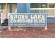 The Eagle Lake Condominiums sign sits at the entry to the community at 610 Putters Ln. # H-109, Little River, SC 29566