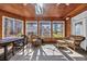 Relaxing sunroom with wood paneling, skylight, and cozy wicker seating with views of the outdoors at 901 Bear Lake Dr., Longs, SC 29568
