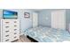 Comfortable bedroom with blue walls, a patterned bedspread, and modern furnishings at 232 Marbella Dr., Murrells Inlet, SC 29576