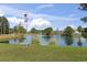 Scenic lake view with an American flag, lush greenery, and calm waters, creating a serene backyard setting at 105 Windsor Springs Rd., Conway, SC 29526