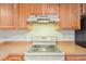 Close-up of the white stove with wood countertop and wooden cabinets at 349 Robin Hood Circle, Little River, SC 29566