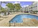 A landscaped pool area surrounded by chaise lounges and condo buildings in the background at 5905 South Kings Hwy. # 4202, Myrtle Beach, SC 29575