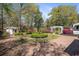 Backyard with well-manicured garden, brick patio, pergola, and quaint shed at 817 Evans Rd., Marion, SC 29571