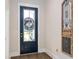 Inviting entryway with stylish blue door, decorative wreath, and modern accent art at 402 Bumble Circle, Murrells Inlet, SC 29576