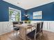 Dining room featuring a wood table, blue accent wall, wainscotting, and a bright window at 405 Emerson Dr., Myrtle Beach, SC 29579