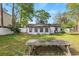 Backyard showing the house and picnic table with mature trees and plants at 634 Melody Ln., Surfside Beach, SC 29575