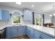 Bright kitchen with blue cabinets, white countertops, and stainless steel sink at 679 Riverwalk Dr. # 201, Myrtle Beach, SC 29579