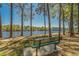 Community green bench overlooking tranquil water view and walking path at 679 Riverwalk Dr. # 201, Myrtle Beach, SC 29579