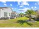 Expansive backyard featuring lush green grass, tropical palm trees and a screened in porch, perfect for outdoor living at 1239 Pyxie Moss Dr., Little River, SC 29566