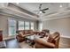 Relaxing living room with tray ceiling, fan, wood floors, and large windows providing natural light at 311 Las Olas Dr., Myrtle Beach, SC 29577