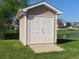 Durable outdoor shed with double doors, perfect for storage and organization of yard tools at 819 Brookline Dr., Myrtle Beach, SC 29579