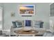 Comfortable living room featuring a sofa, decorative pillows, and beach-themed wall art at 112 Spartina Ct. # 26, Pawleys Island, SC 29585