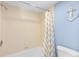 Clean bathroom with a tub-shower combination and blue accent wall at 2001 S Ocean Blvd. # 1303, Myrtle Beach, SC 29577